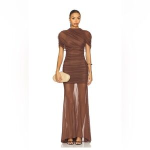 x Revolve Evianna Mesh Gown in chocolate brown